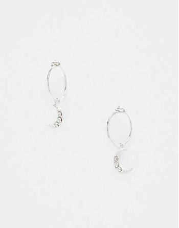 crystal moon charm hoop earrings in sterling silver